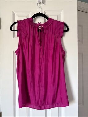 LOFT Magenta Sleeveless Ruffle Tie-Neck Blouse